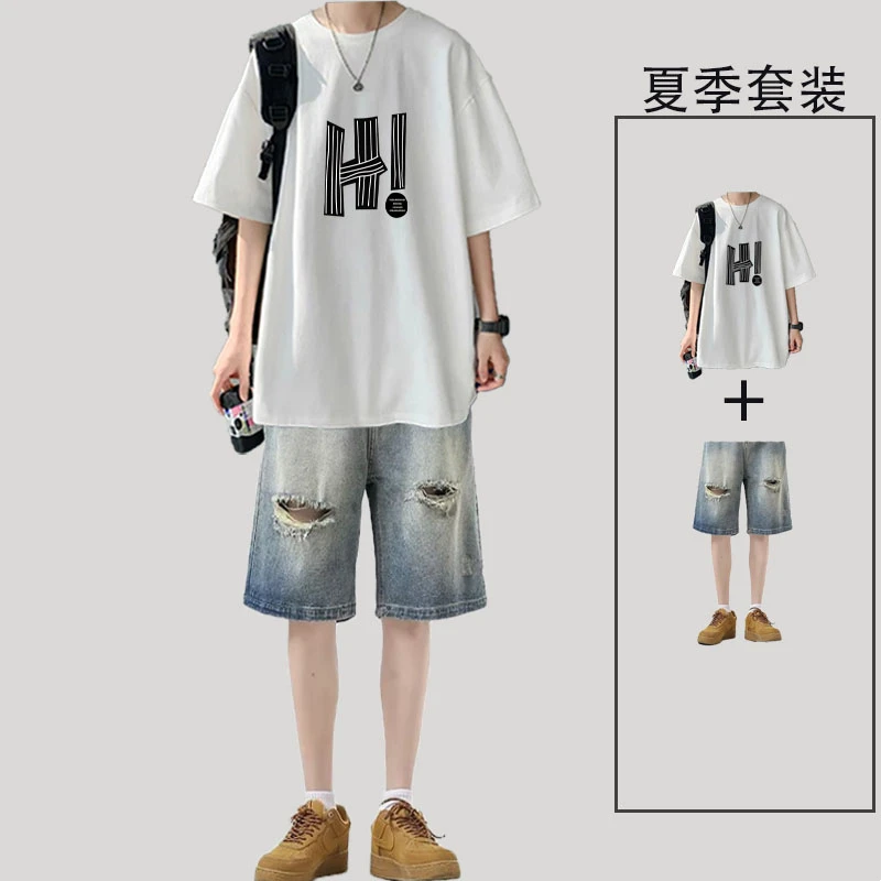夏季美式短袖休闲男生痞帅套装搭配破洞牛仔短裤潮流宽松休闲男装