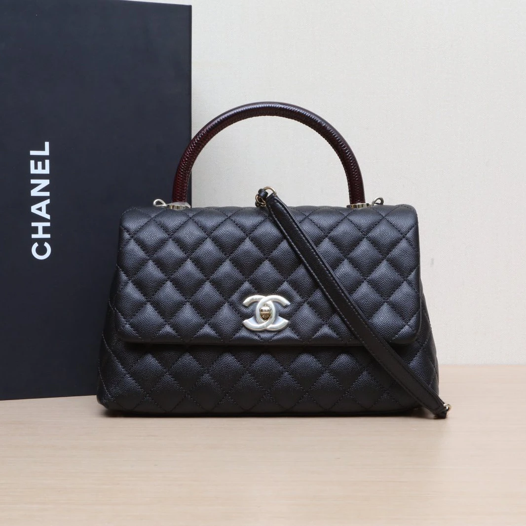 99新 Chanel/香奈儿 【双双】Handle中号 黑色 31开 蜥蜴压纹手柄包