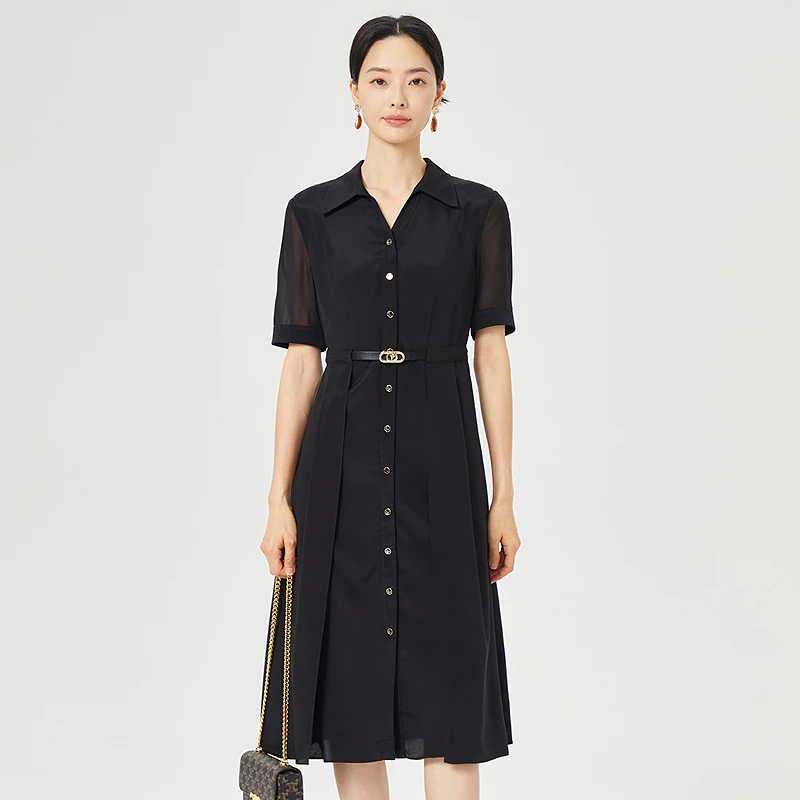 娜尔思.灵气质优雅翻领短袖连衣裙女2025夏季新款衬衫裙LF05912W0