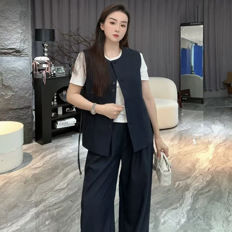 5805早秋新款时尚气质两件套装圆领系带马甲+高腰阔腿西装裤女