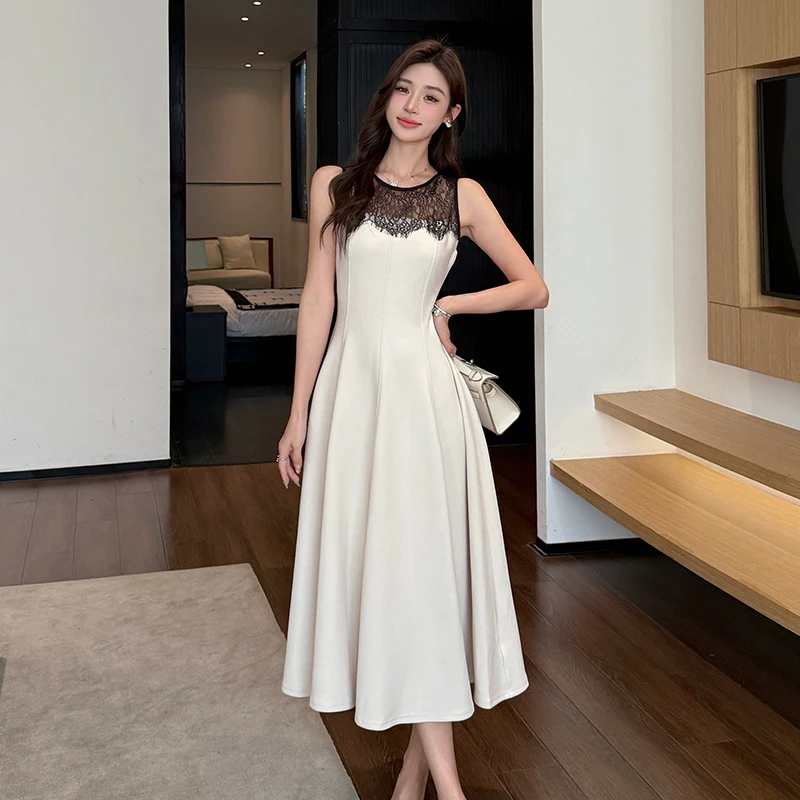 法式气质蕾丝拼接无袖连衣裙女高级感收腰显瘦别致长裙