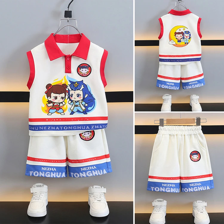 儿童夏季无袖polo领拼接哪吒敖丙套装中小童男女宝洋气夏天两件套