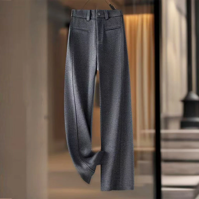 百搭灰宽松绵羊毛加厚直筒裤女2025秋冬新款高腰显瘦窄版阔腿裤子