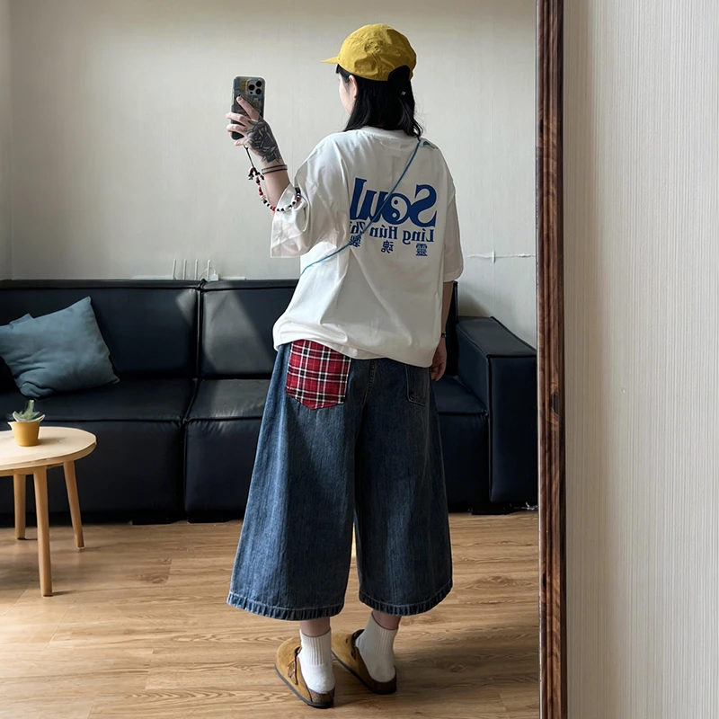 300斤大码胖mm美式格子拼接牛仔七分裤女夏季宽松显瘦直筒短裤子