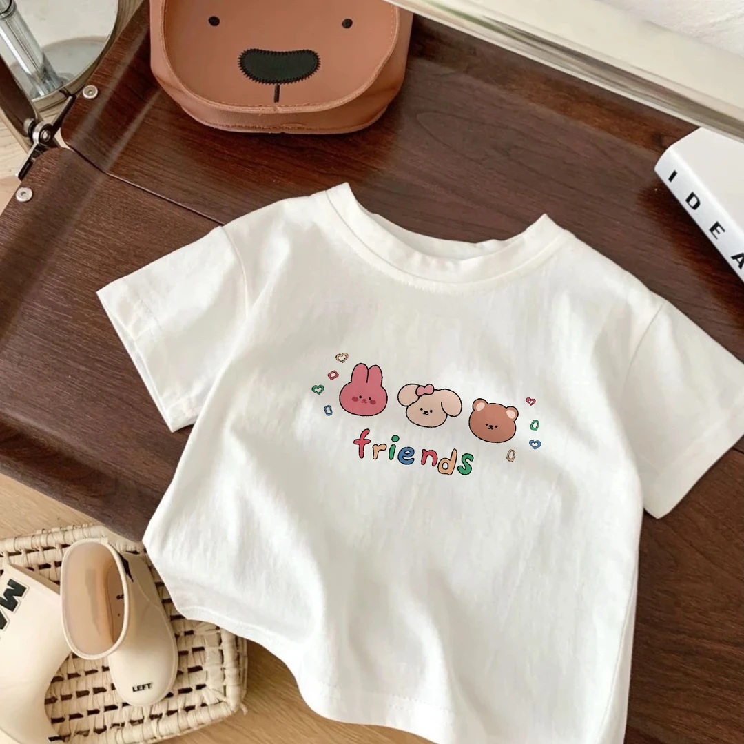 宝宝夏季韩版白色纯棉上衣男童半袖宽松女童百搭印花儿童短袖