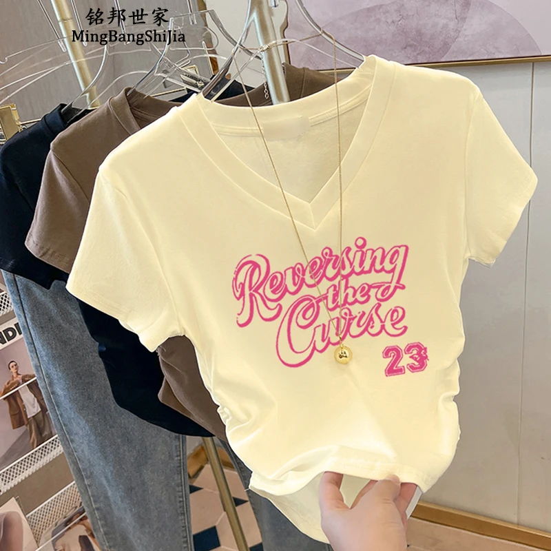 【铭邦世家】小众正肩粉色字母印花短袖夏新款显瘦百搭褶皱收腰v领