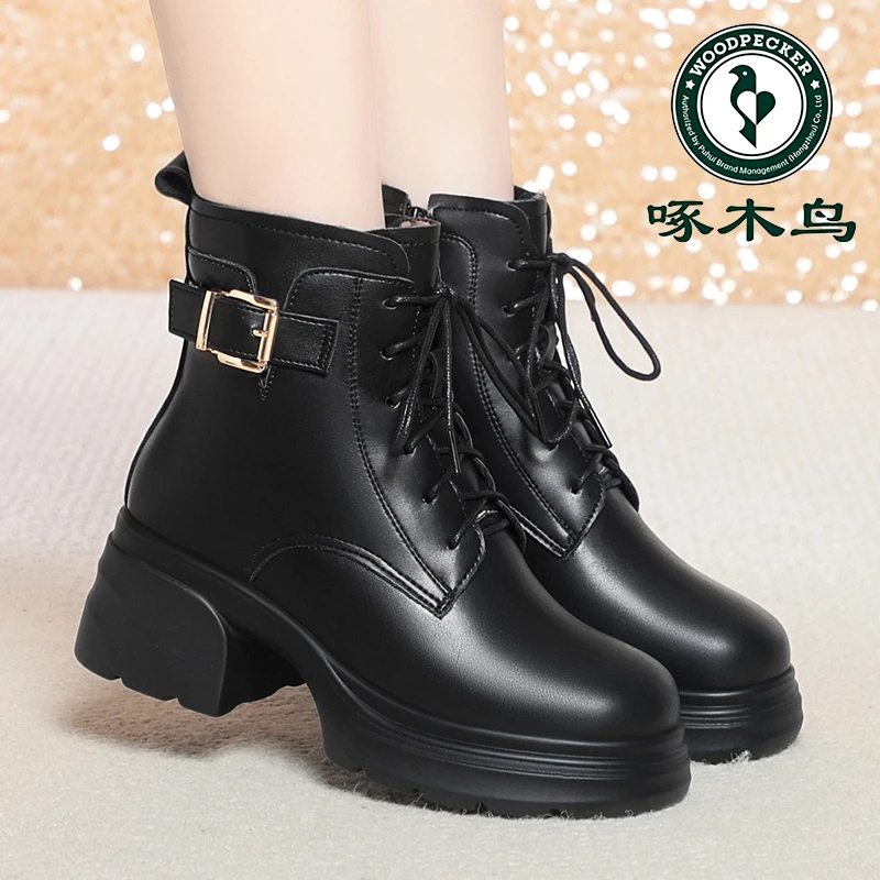 啄木鸟英伦风马丁靴女2025新款秋冬皮鞋加绒粗跟短靴厚底高跟棉靴