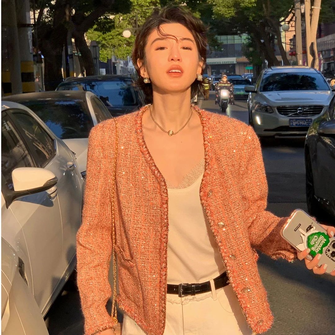 MARIUS“N°5”气质灵动时尚休闲短款经典百搭绯粉色V领小香风外套