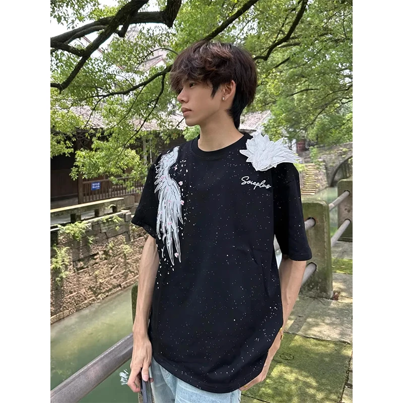 美式高街羽毛刺绣短袖男款夏季设计感潮牌t恤cleanfit高级感上衣