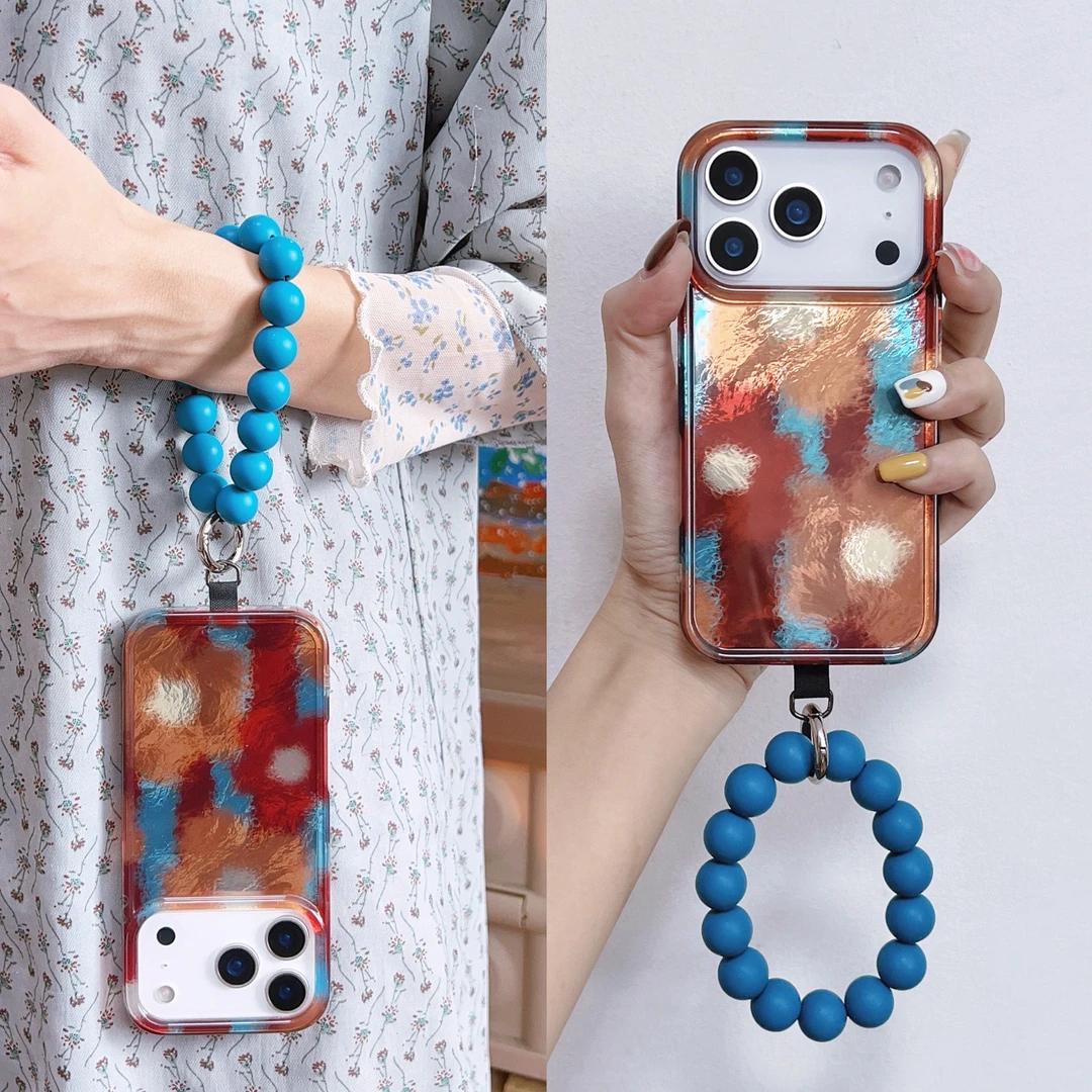 日韩风晕染油画适用苹果15promax串珠16复古iphone17pro手机壳14