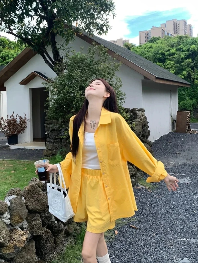 夏季出游防晒衬衫+短裤 玫瑰故事刘亦菲同款凉感长袖百搭宽松衬衣