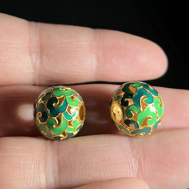 925银银制品 【2颗】古法掐丝珐琅镂空祥云15MM圆珠散珠FG067