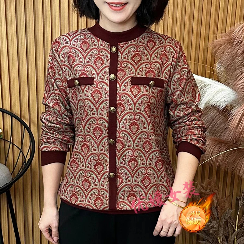 中老年女装秋冬新款半高领印花宽松显瘦百搭洋气妈妈装长袖上衣