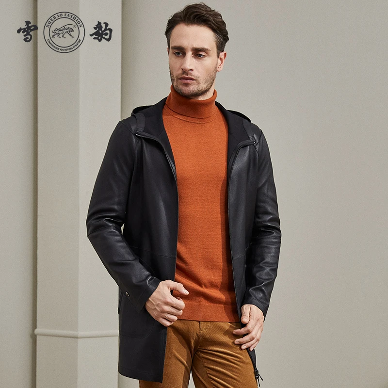 雪豹86033头层绵羊皮连帽弹力皮系列真皮皮衣中长款休闲男士风衣