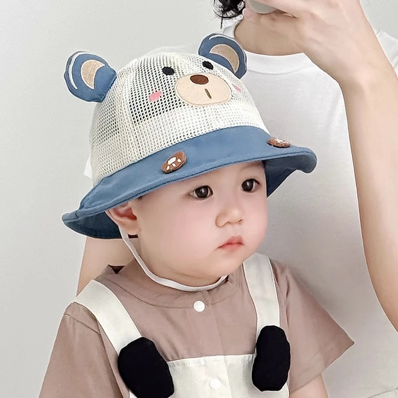 宝宝帽子夏季遮阳可爱小熊网透气婴幼儿渔夫太阳帽男女童防晒出游