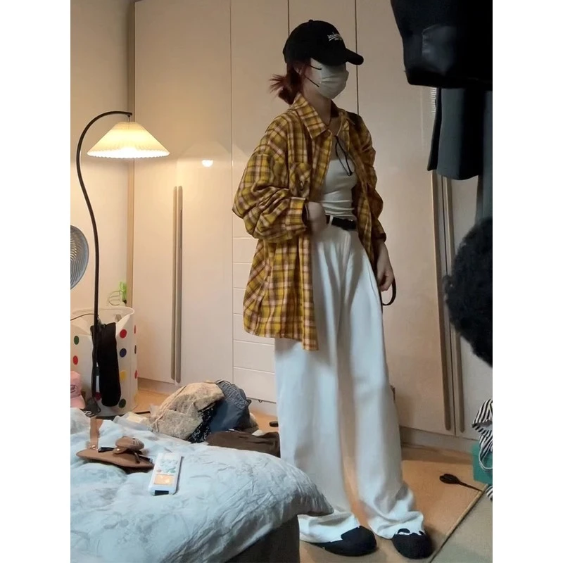 美式复古黄色格子衬衫外套女春秋宽松慵懒上衣小个子休闲外搭衬衣