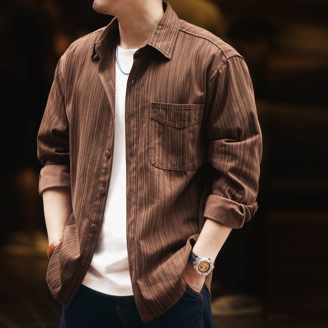 格蓝鹿美式复古潮牌竹节纹长袖衬衫男士秋季新款宽松休闲衬衣外套