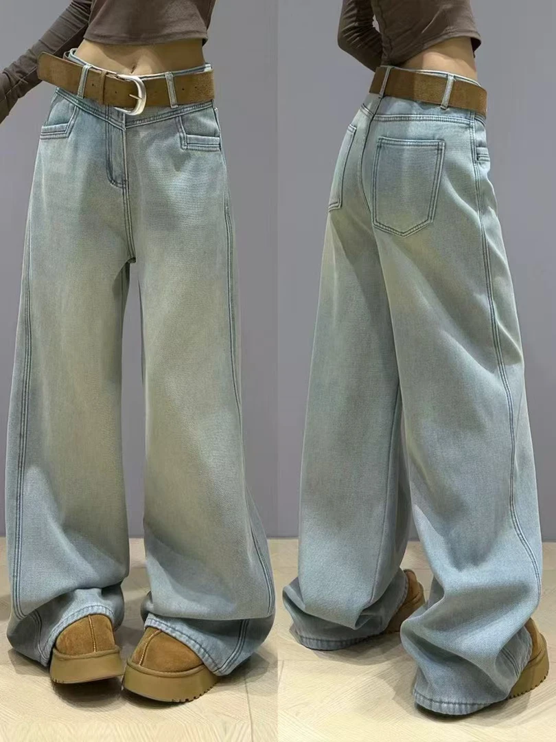 【小宇】2025冬季加绒加厚简约水洗牛仔裤女新款显瘦阔腿裤拖地裤