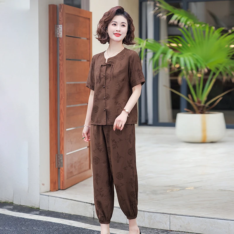 妈妈装夏装洋气奶奶装宽松小衫新款套装中老年女装半袖盘扣两件套