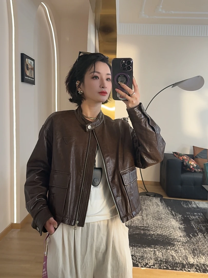 断码特价新款小立领绵羊皮真皮上衣外套春秋款休闲百搭皮衣女外套