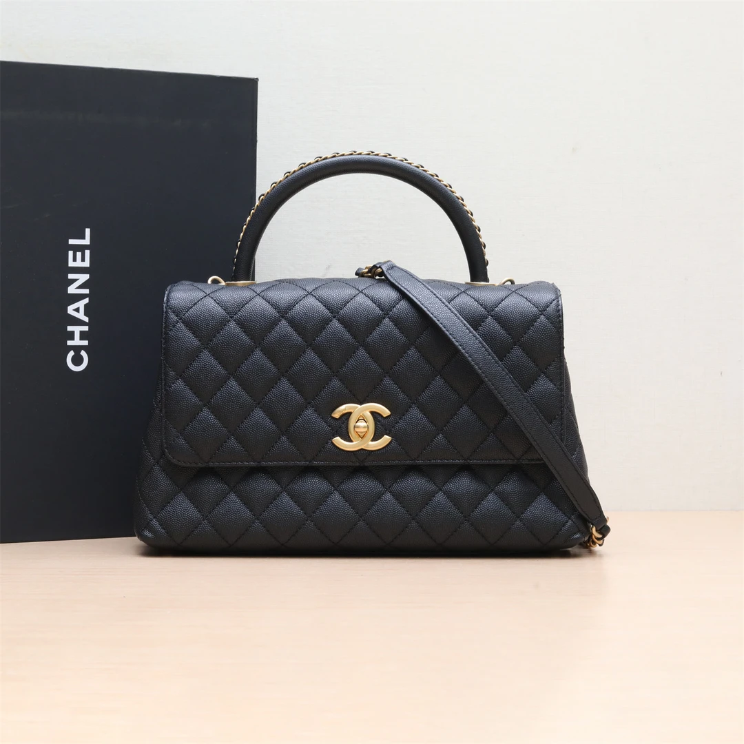 95新 Chanel/香奈儿 【黑黑】23P Coco Handle 中号 黑色 芯片开