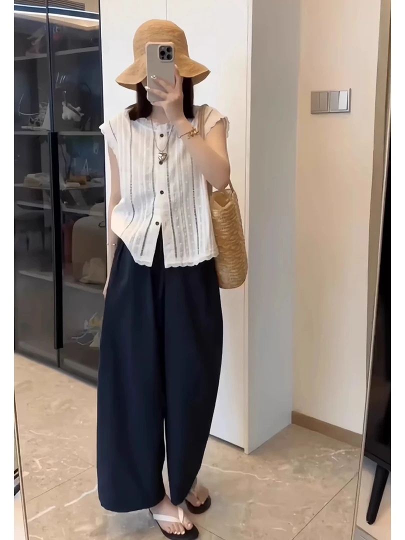 短袖简约通勤简约裤子泰式时尚套装度假酷老钱风清冷系禅意衣服女