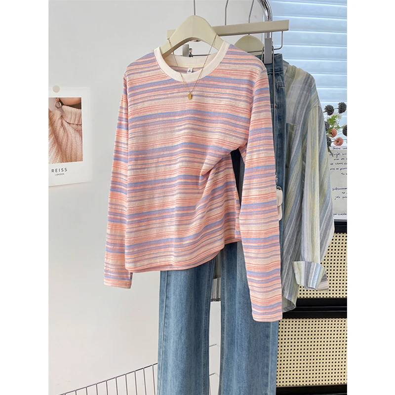 韩系条纹撞色圆领长袖上衣秋季气质多巴胺穿搭遮肉显瘦打底衫女装