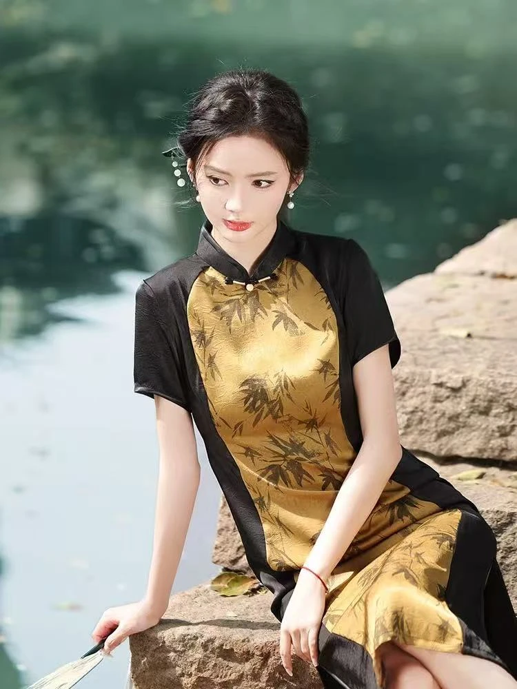 0207 黑色 姜黄拼接 竹叶 【姜竹】  旗袍