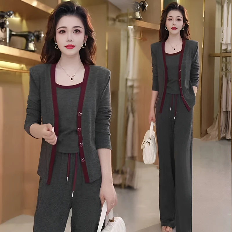洋气时尚套装女2025年春秋新款气质减龄休闲开衫吊带阔腿裤三件套