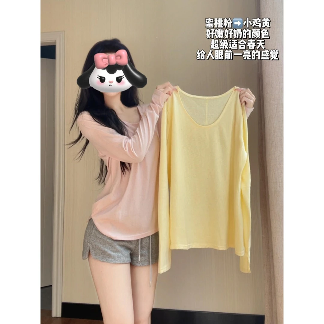 雪花棉防晒罩衫纸片人长袖t恤女夏季宽松显瘦开叉正肩慵懒风上衣