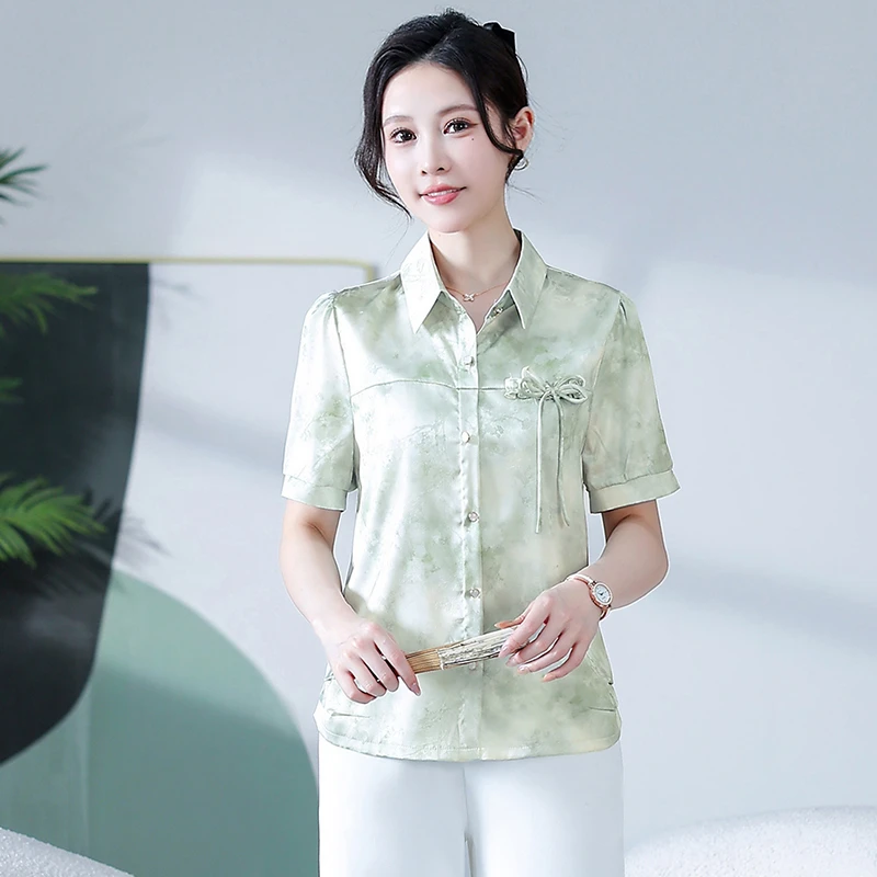 气质国风新中式印花短袖衬衫女2025夏季新款时尚收腰遮肚显瘦小衫