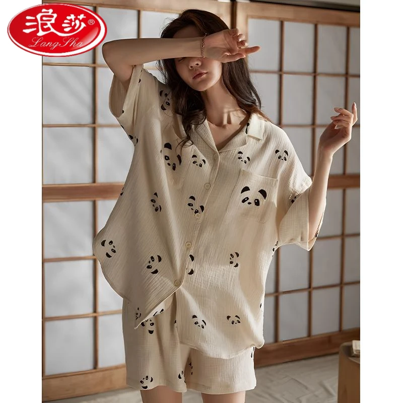 浪莎新款睡衣女士短袖开衫翻领短裤夏季薄款宽松大码家居服套装