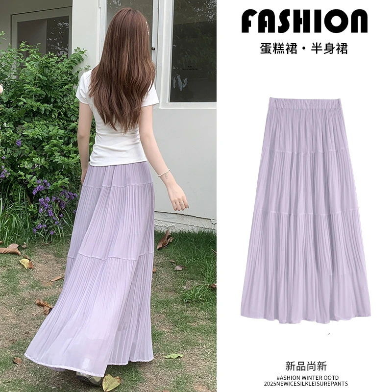 亦声半身裙女夏季新款高腰a字显瘦伞裙百褶长裙小个子蛋糕裙YY