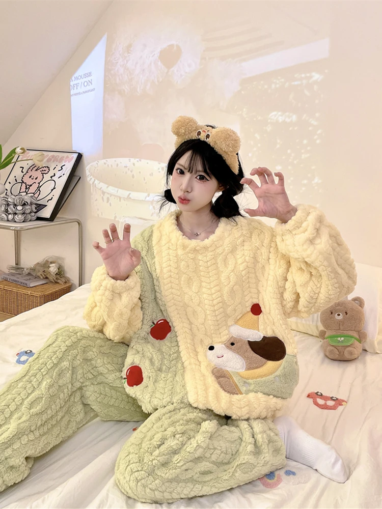 【珊瑚绒】睡衣女冬季卡通可爱加绒加厚家居服圆领保暖可外出套装