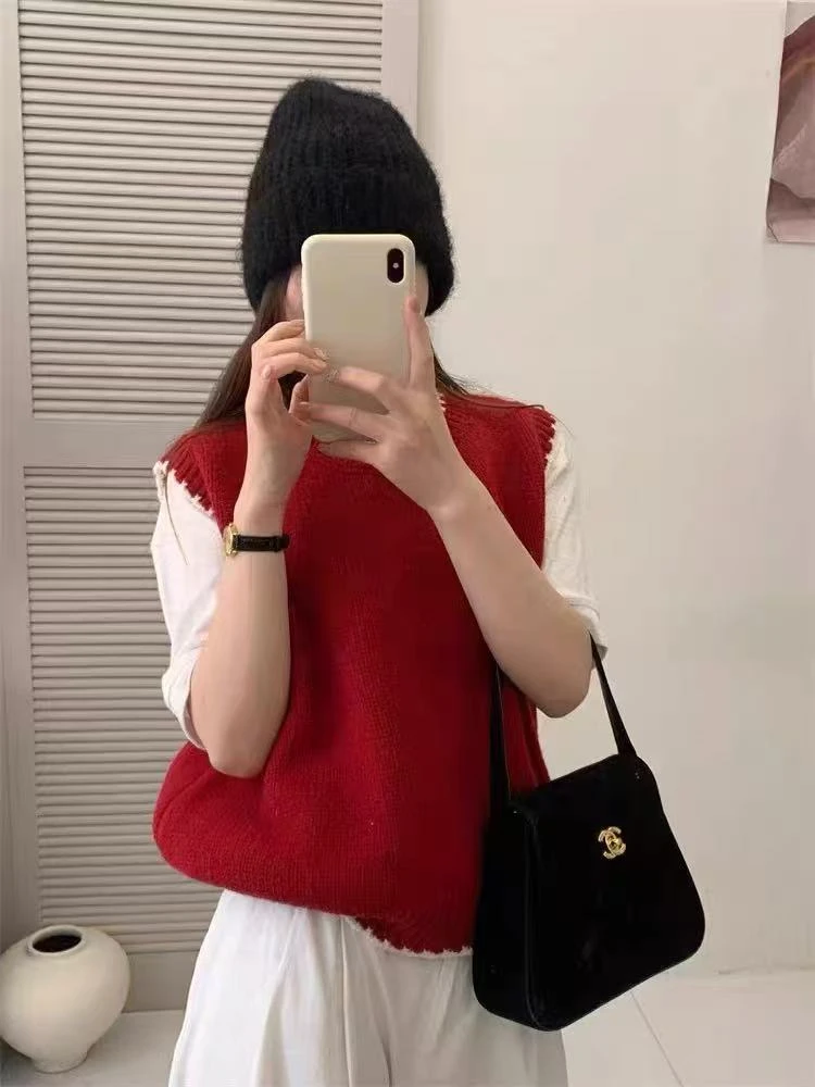 撞色针织马甲背心秋冬女毛衣2024新款韩国东大门马夹坎肩叠穿上衣