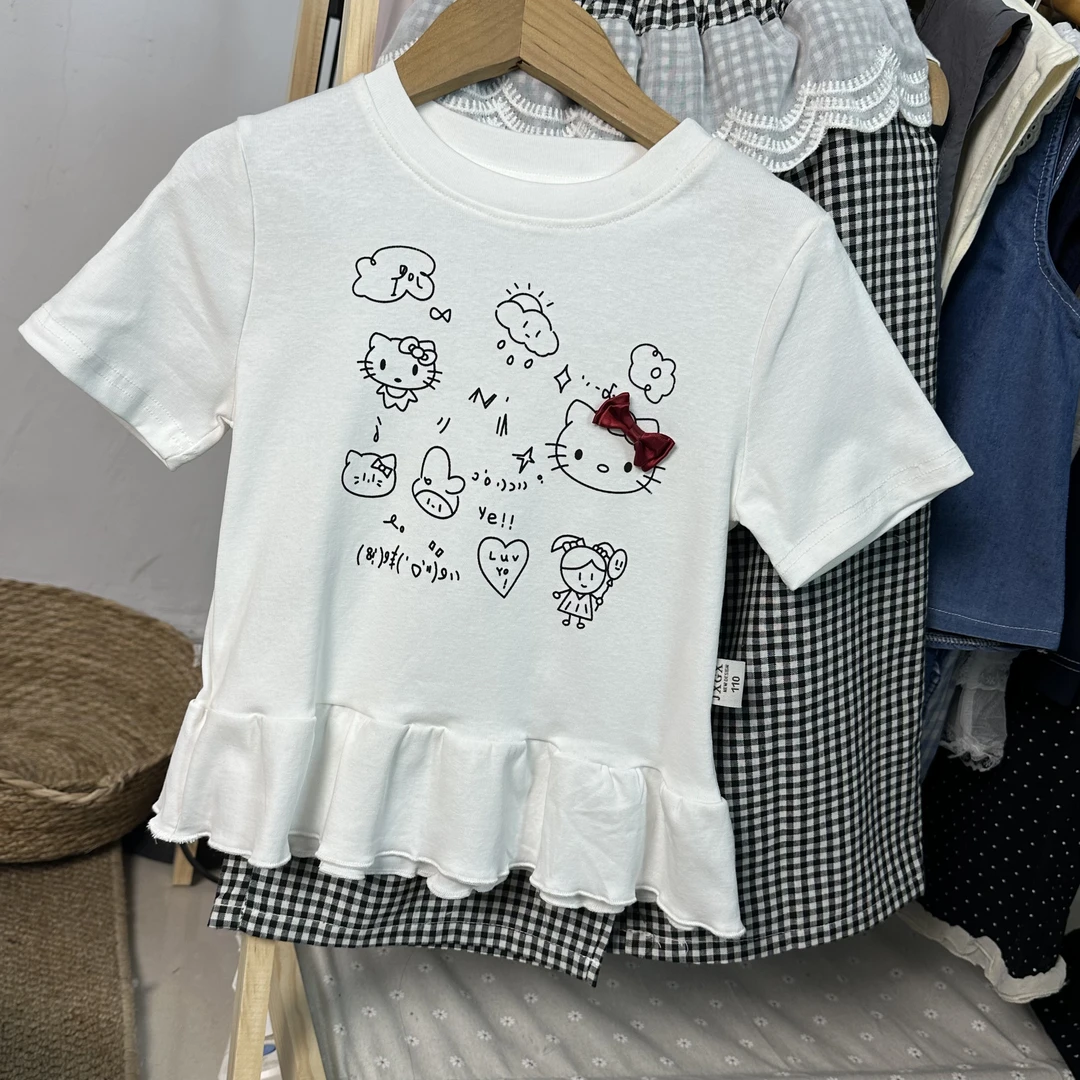 2025夏季常规休闲短袖少女风套头花边女童上衣