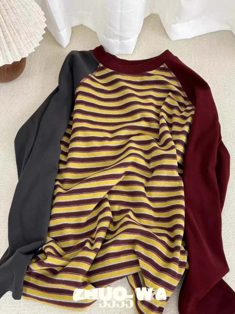 【嘉鹅专属】0860设计师款撞色条纹拼接打底长袖T恤