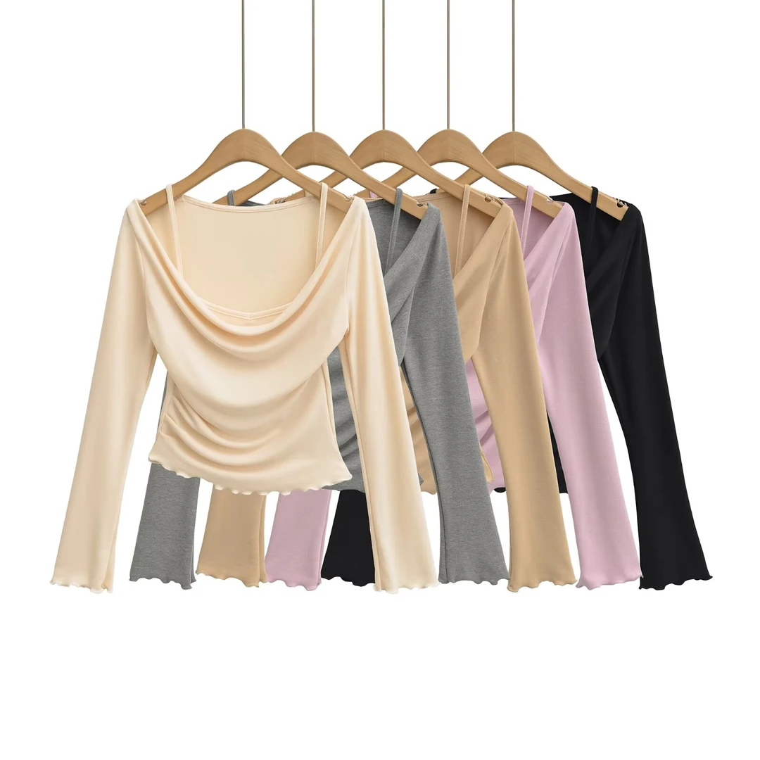 625新款纯欲风辣妹假两件挂脖长袖T恤收腰显瘦上衣