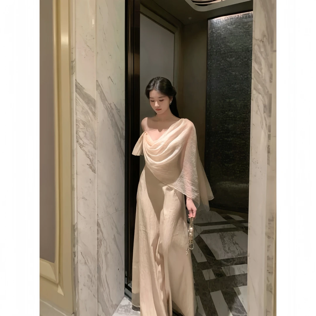 【仙雾裙】纯欲氛围感肌理感飘纱连衣裙2025夏季新款披肩吊带裙长裙