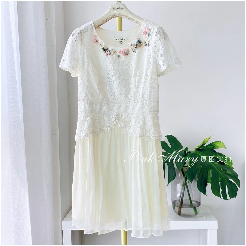 PinkMary粉红玛琍米白色圆领短袖连衣裙蕾丝子女时尚PMAFS509482