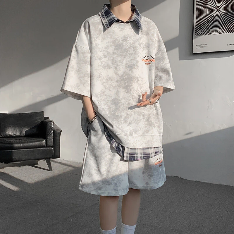 夏季新款假两件运动套装男扎染ins拼接撞色短袖T恤休闲情侣短裤潮