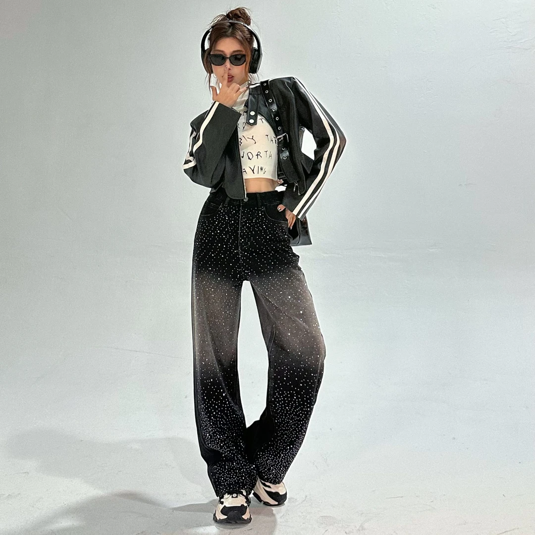 婉君【璀璨渐变】律动莫兰迪穿搭渐变烫钻阔腿牛仔裤LWJ24A1K144