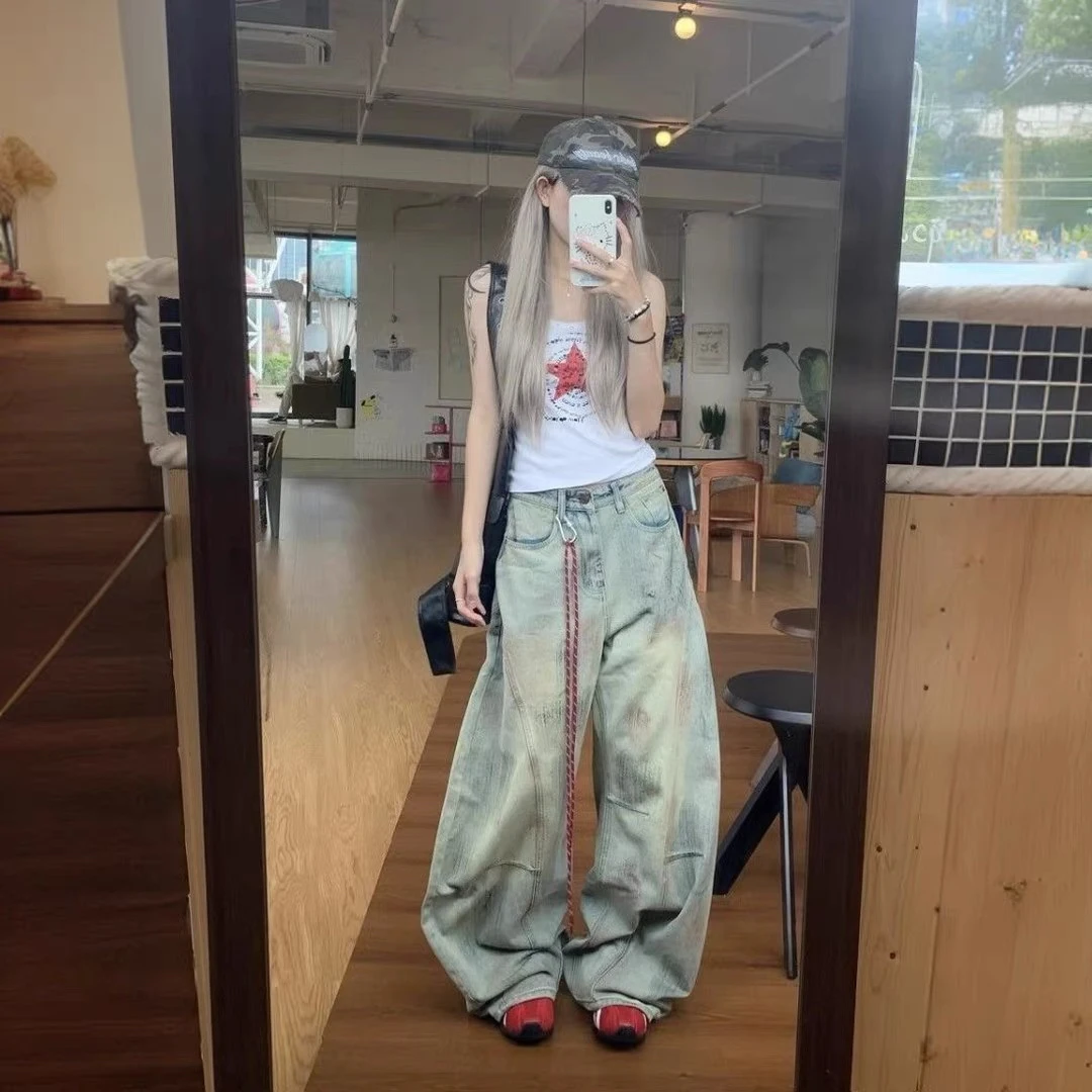 小众复古废土风泥染做脏弯刀牛仔裤女美式嘻哈宽松阔腿裤