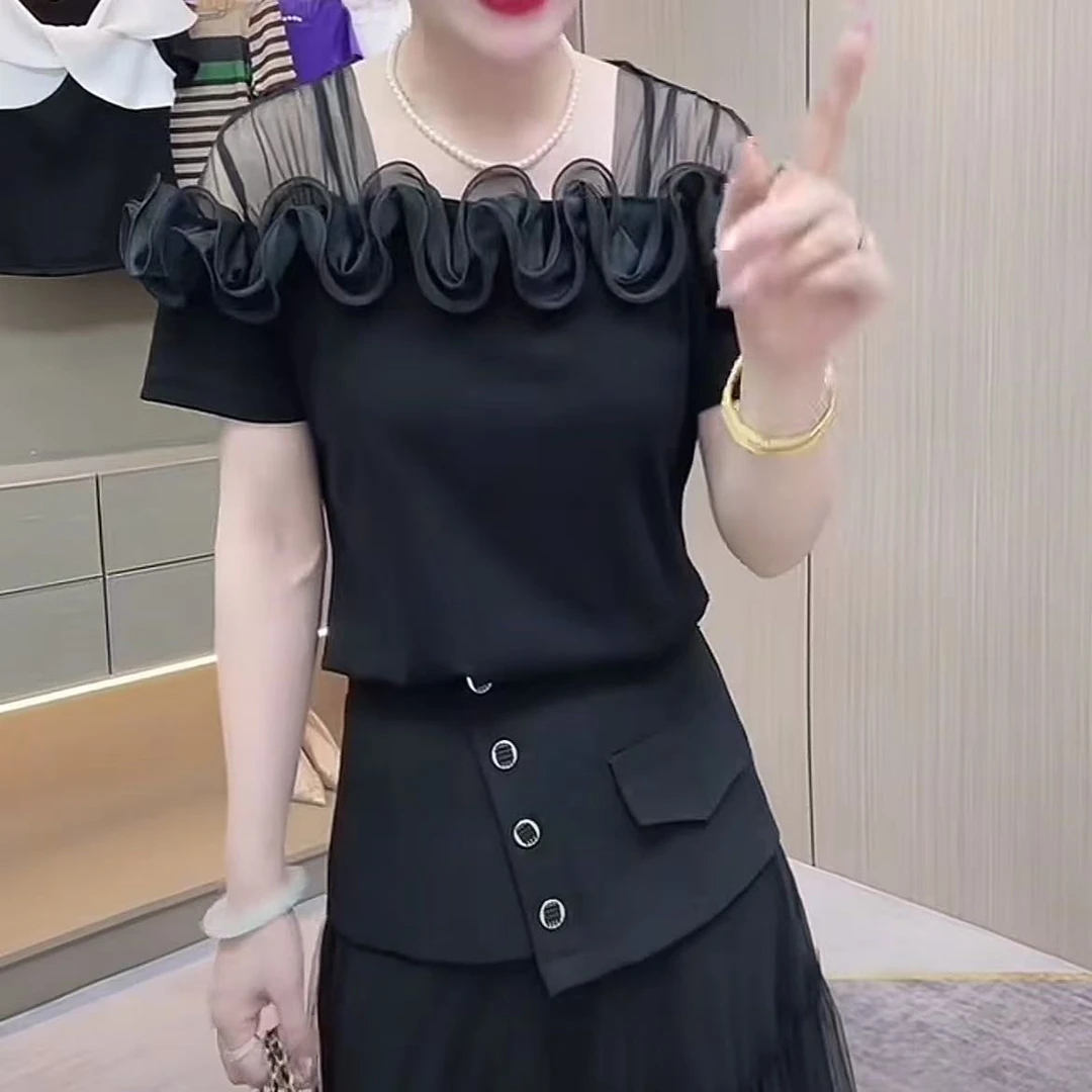2025夏季新款女士法式双肩网纱洋气T恤显瘦短袖上衣小衫纯色百搭