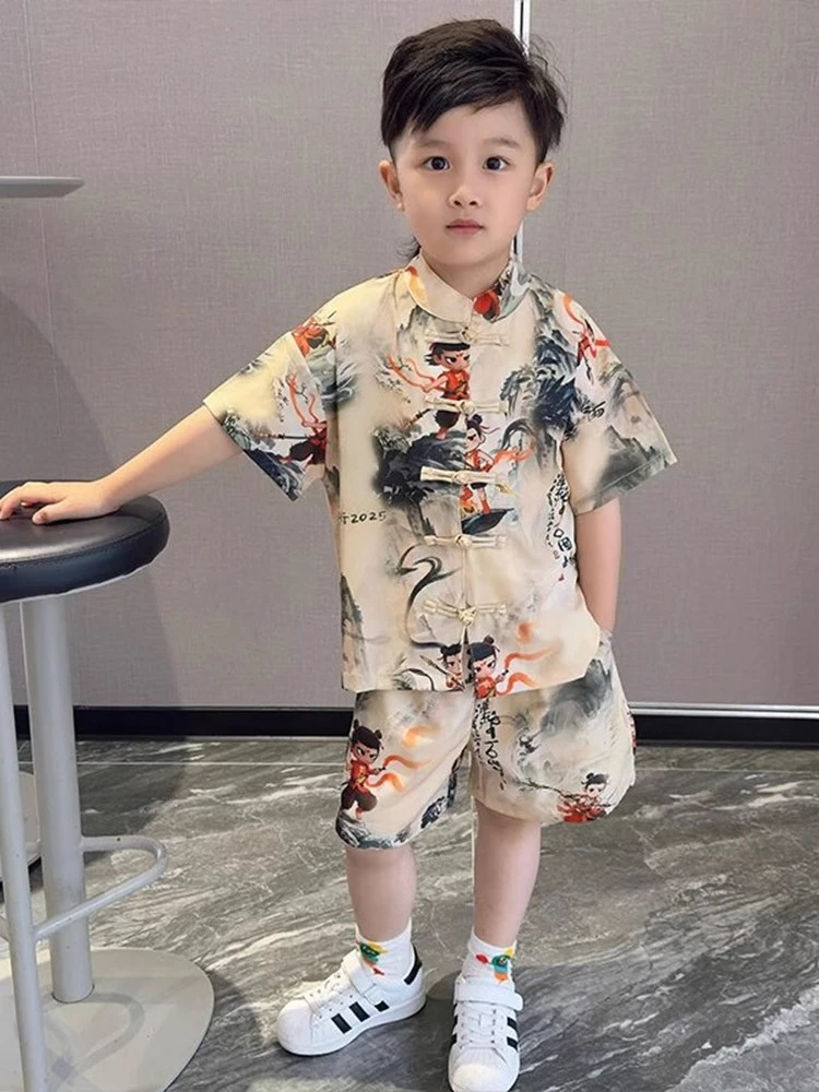 哪吒汉服男童夏季国学套装儿童唐装夏装宝宝中式短袖表演服潮酷风