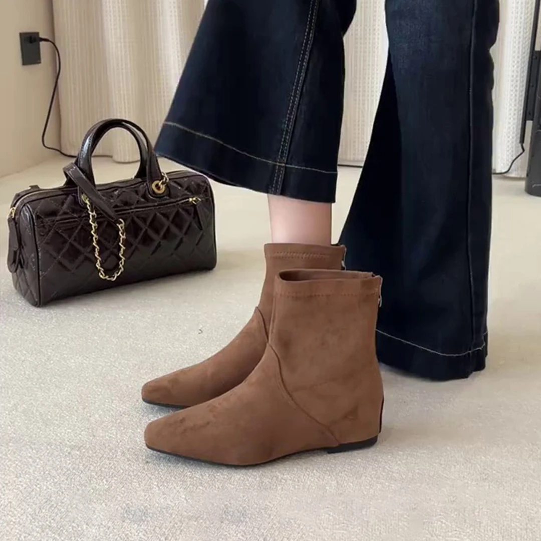 羊皮版~复古内增高弹力瘦瘦靴方头短靴显瘦气质后拉链西部靴单靴