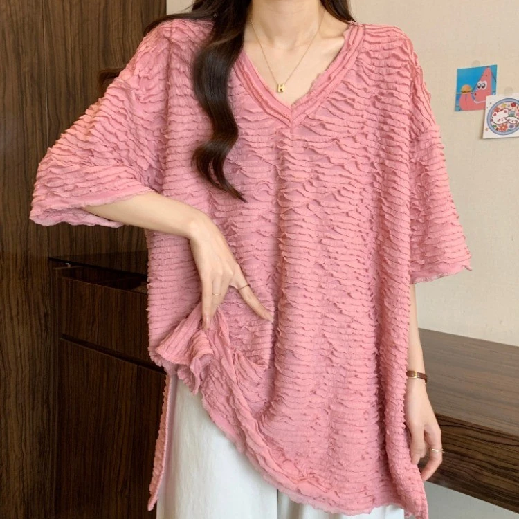 独特别致慵懒风短袖T恤女夏季新款微胖妹妹大码遮肚中长款v领上衣