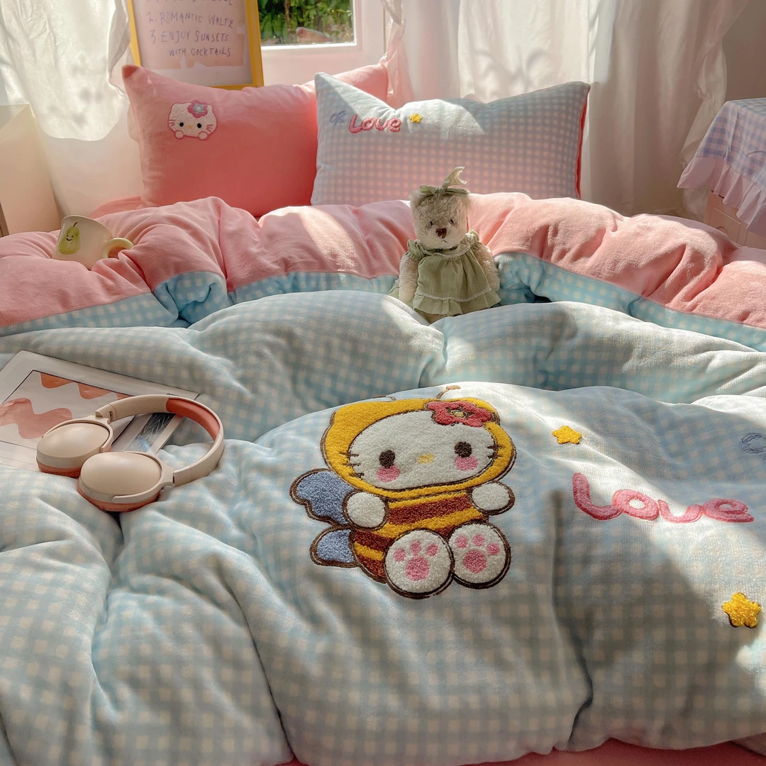 猫咪日记卡通亲肤舒适可爱牛奶绒毛巾绣四件套学生宿舍三件套床品