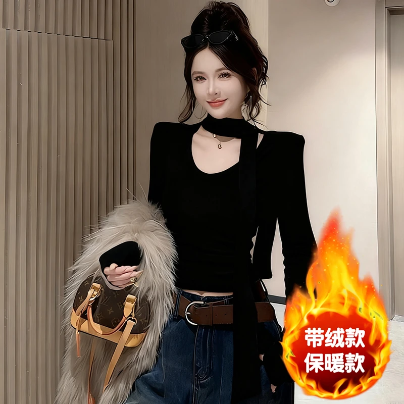韩系小众高级感飘带V领长袖T恤早秋纯欲风修身显瘦打底衫百搭上衣