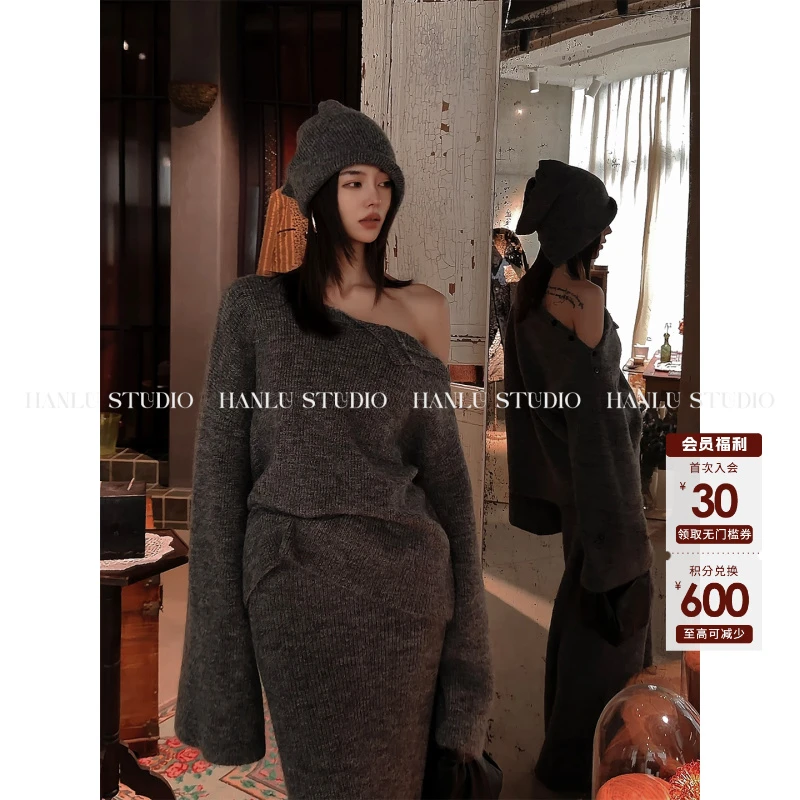 HANLU STUDIO品牌原创慵懒松弛高领可当头饰斜肩宽松灰色羊毛上衣